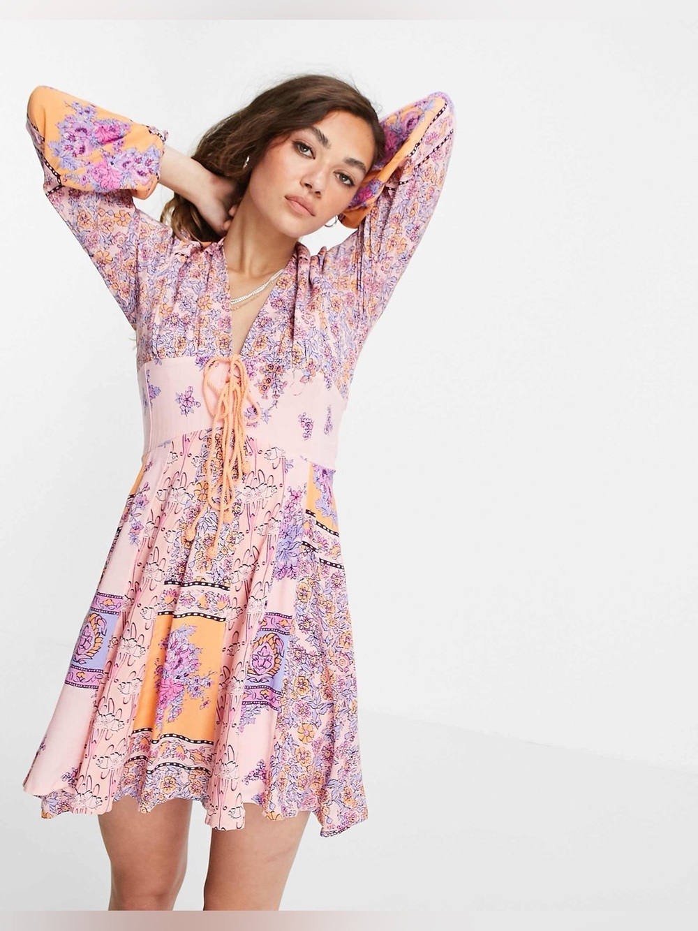 Free People Mixin It Up Mini Dress in Peach Combo - NWT - Picture 2 of 11